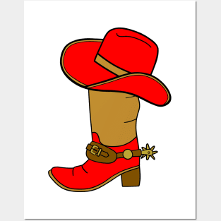 RED And Brown Cowboy Boot And Hat Posters and Art